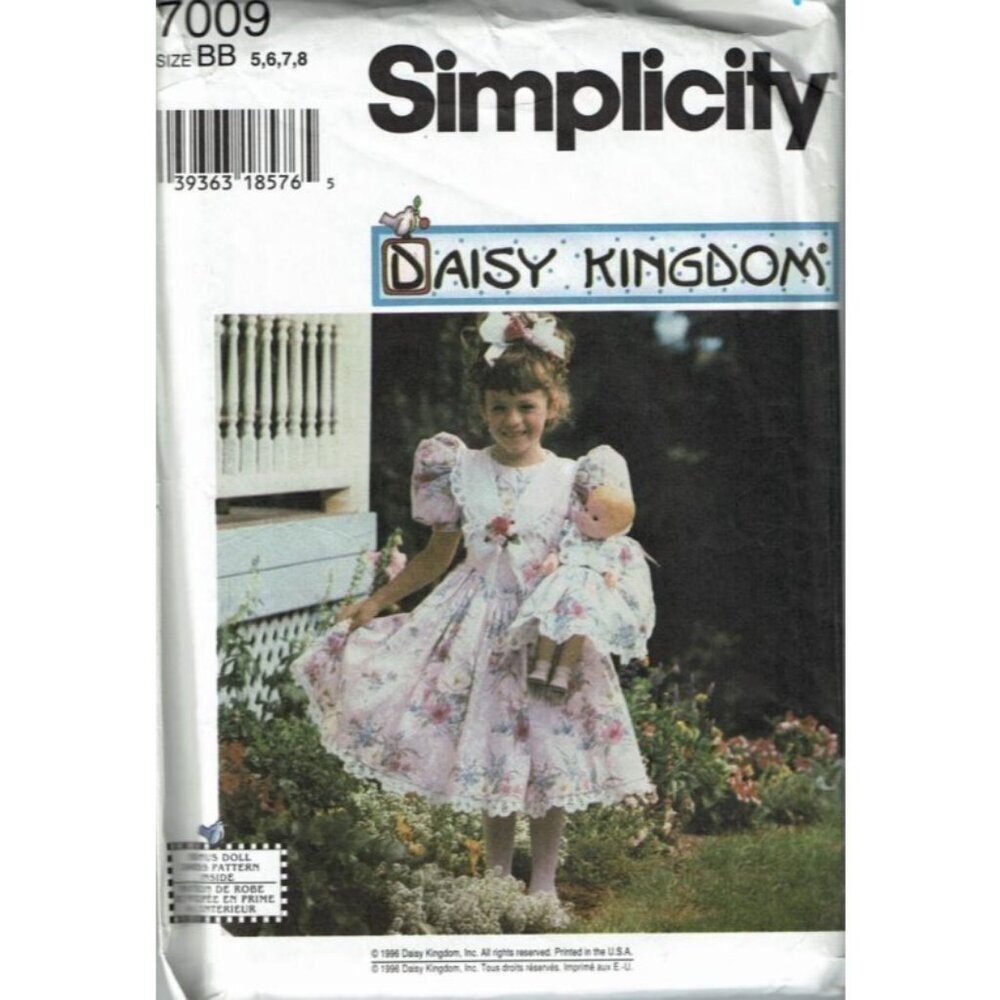 Simplicity Sewing Pattern 7009 Dress Hairbow Doll Clothes Easter Girls Size 5-8